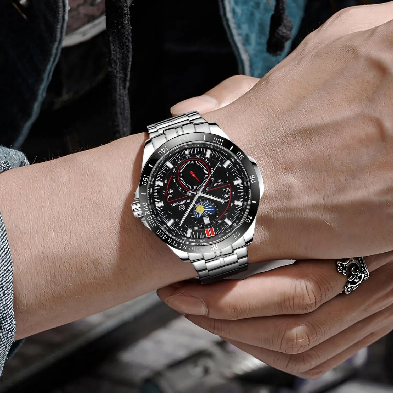 Stainless Steel Men Automatic Watches Waterproof Luminous Watch FORSINING Luxury Golden Mechanical Wristwatch speedy Moon Phase Calendar 