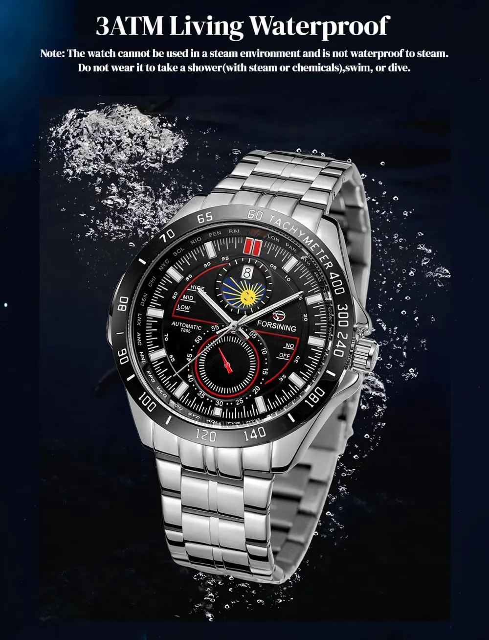 Stainless Steel Men Automatic Watches Waterproof Luminous Watch FORSINING Luxury Golden Mechanical Wristwatch speedy Moon Phase Calendar 