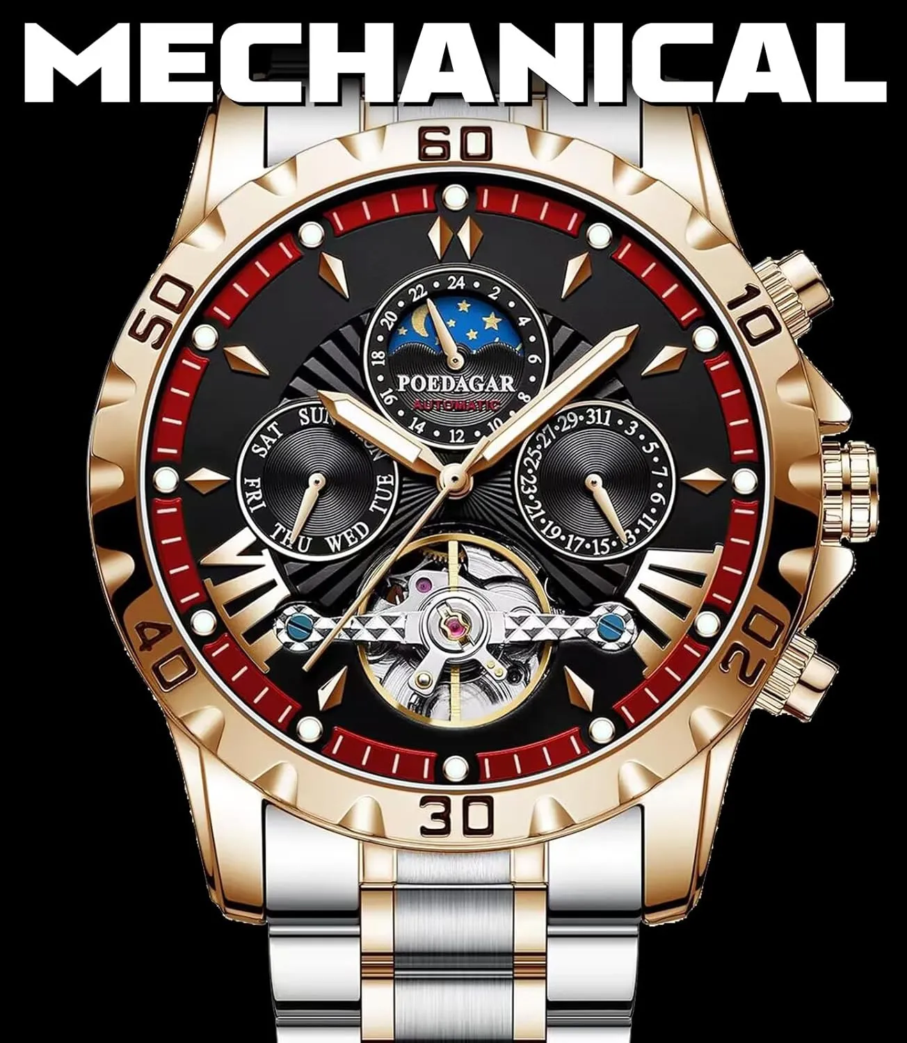 Stainless theorist spear exclusive Steel Band 43mm Big Dial Mens Wrist Watch with 3 Sub Dial FORSINING Mechanical Men's Watch, Moon Phase Tourbillon Automatic Self-Wind Wristwatch, Luxury 