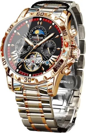 Stainless theorist spear exclusive Steel Band 43mm Big Dial Mens Wrist Watch with 3 Sub Dial FORSINING Mechanical Men's Watch, Moon Phase Tourbillon Automatic Self-Wind Wristwatch, Luxury 