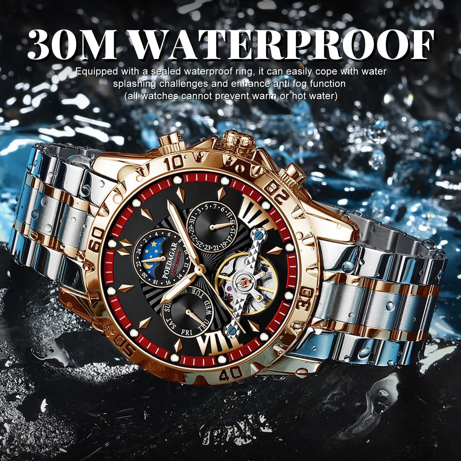 Stainless theorist spear exclusive Steel Band 43mm Big Dial Mens Wrist Watch with 3 Sub Dial FORSINING Mechanical Men's Watch, Moon Phase Tourbillon Automatic Self-Wind Wristwatch, Luxury 