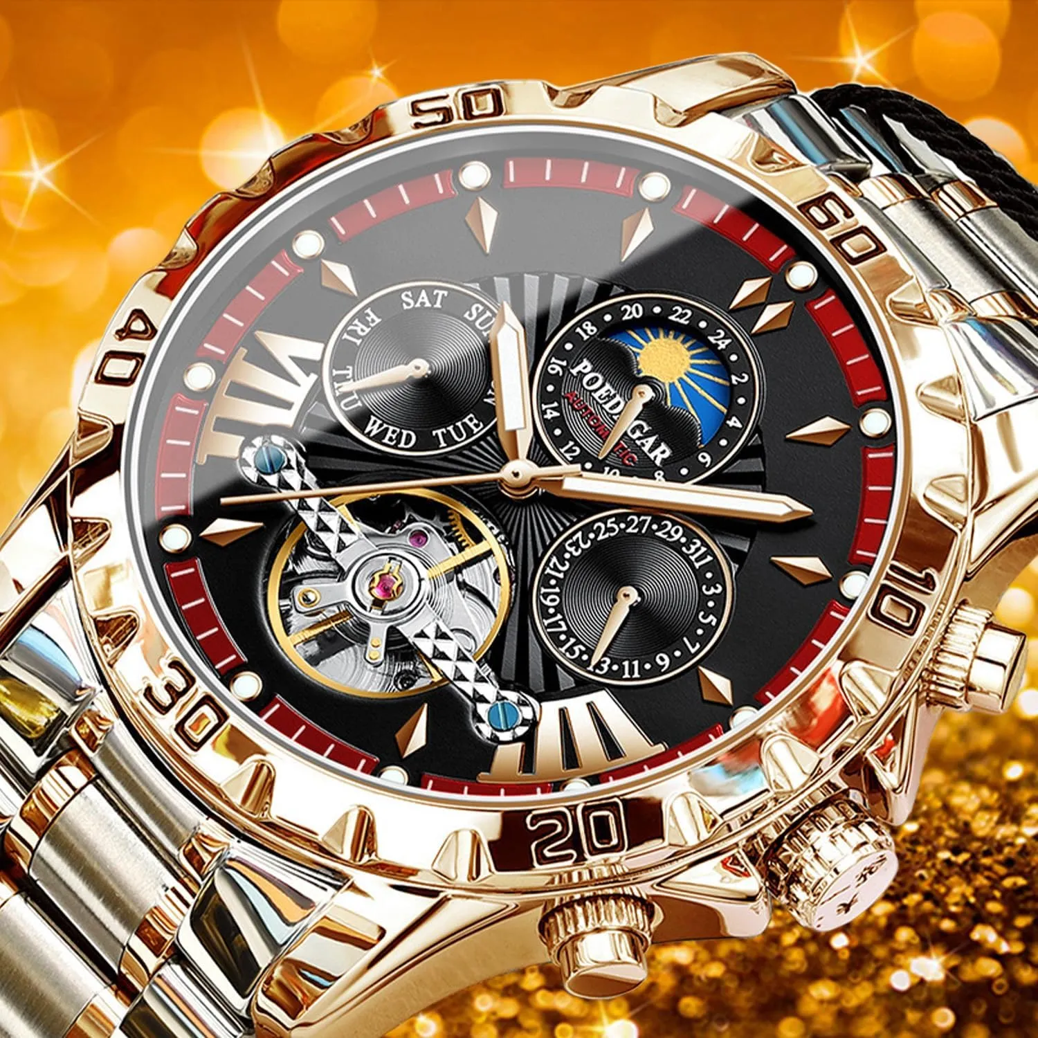 Stainless theorist spear exclusive Steel Band 43mm Big Dial Mens Wrist Watch with 3 Sub Dial FORSINING Mechanical Men's Watch, Moon Phase Tourbillon Automatic Self-Wind Wristwatch, Luxury 