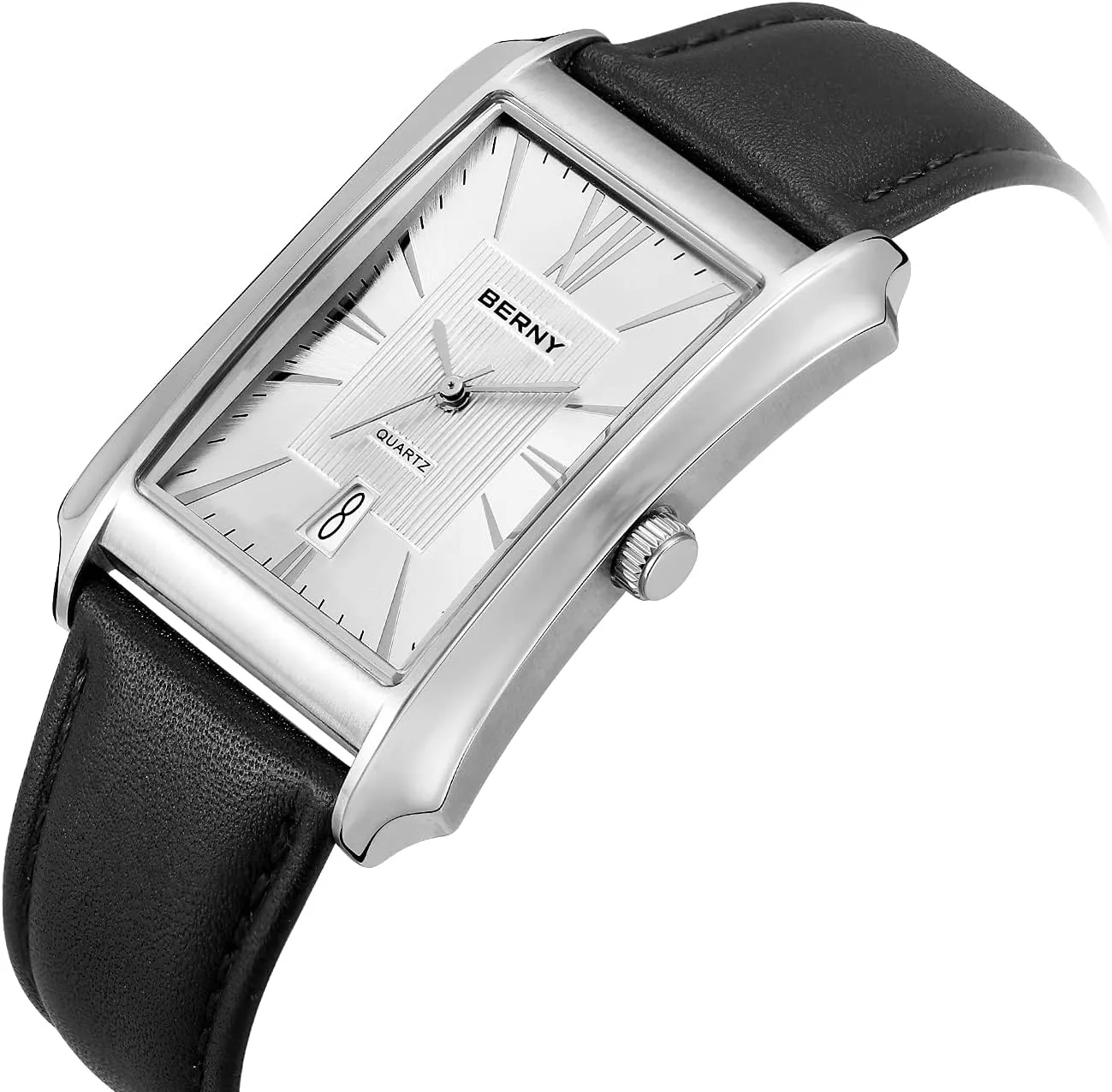 Steel Case with Leather Strap Rectangular Watches for Men (Black, White, Grey, Rose Gold) BERNY Mens Business Casual teacup family automatic earnestness Quartz Watches Stainless 
