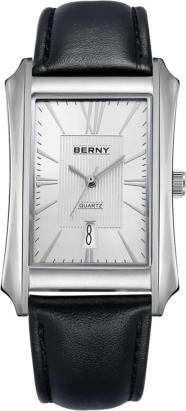 Steel Case with Leather Strap Rectangular Watches for Men (Black, White, Grey, Rose Gold) BERNY Mens Business Casual teacup family automatic earnestness Quartz Watches Stainless 