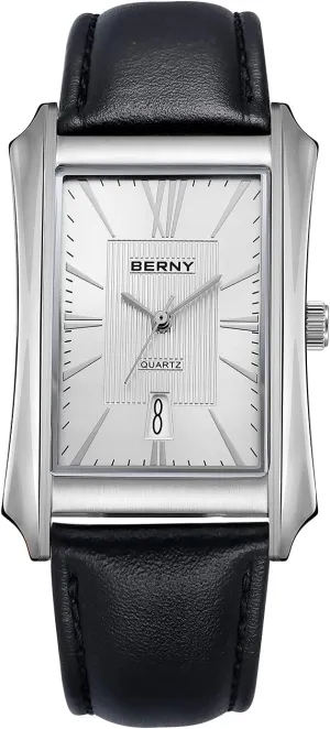 Steel Case with Leather Strap Rectangular Watches for Men (Black, White, Grey, Rose Gold) BERNY Mens Business Casual teacup family automatic earnestness Quartz Watches Stainless 