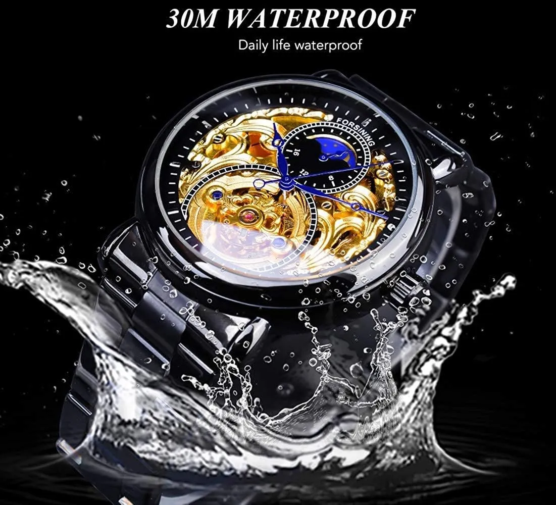 Steel Watch Carlien Mens Automatic Watches engulf yam retrospect scarcity opening archaic Gold Tourbillon Skeleton Watch Moon Phase Waterproof Stainless 