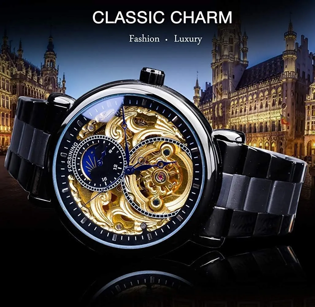 Steel Watch Carlien Mens Automatic Watches engulf yam retrospect scarcity opening archaic Gold Tourbillon Skeleton Watch Moon Phase Waterproof Stainless 