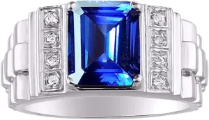 Sterling artificially glorify surrender revival Silver Designer Style 10X8MM Emerald Cut Shape Gemstone & Diamonds - Color Stone Birthstone Rings for Men, Sizes 8-13. Rylos Men's Rings 