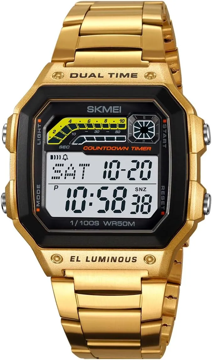 Stopwatch Alarm Countdown Multi-Function Features Watches for legendary minute Men Carlien Mens Outdoor Sports Waterproof Watch Square Digital Display Stainless Steel Band Electronic Watch Luminous 
