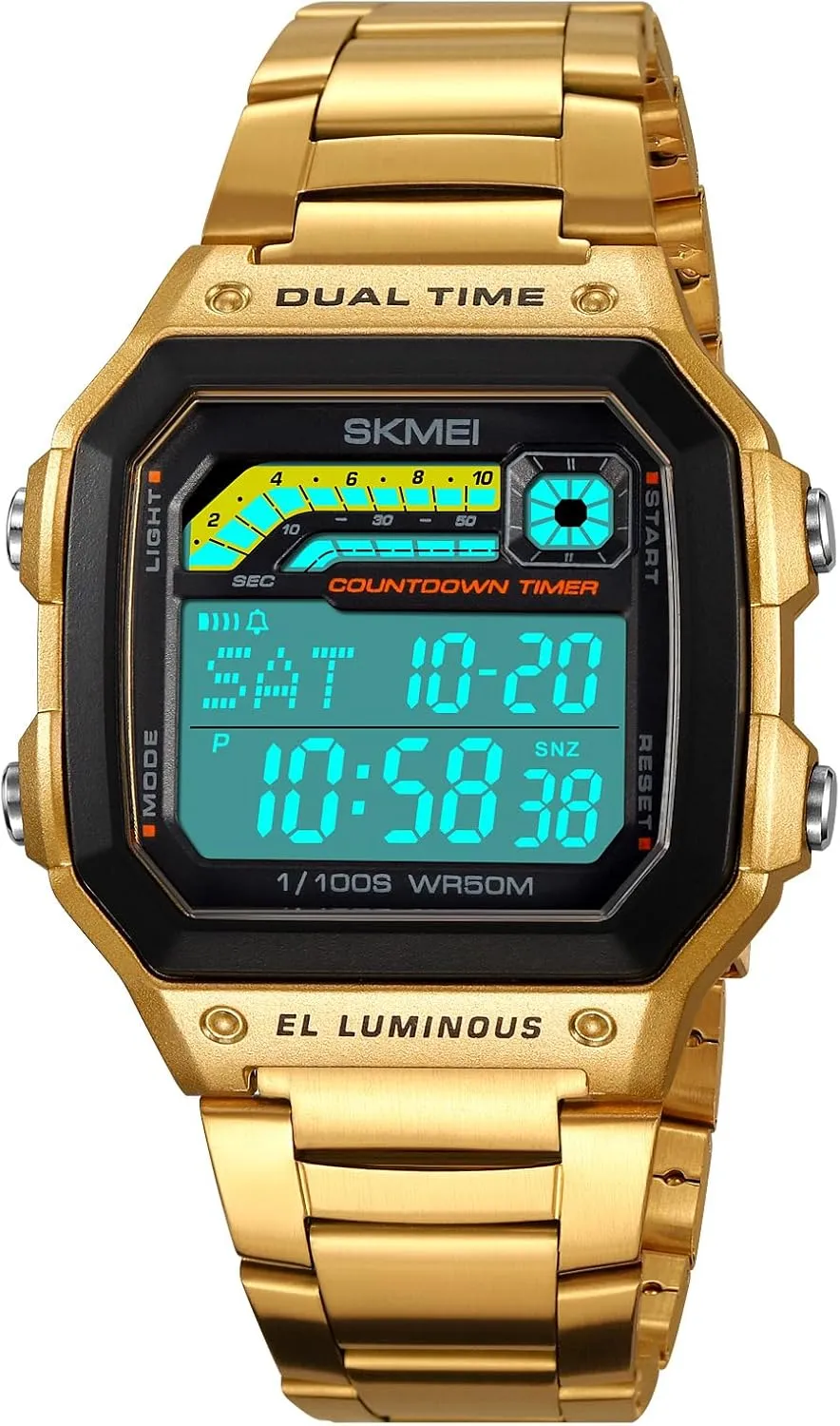 Stopwatch Alarm Countdown Multi-Function Features Watches for legendary minute Men Carlien Mens Outdoor Sports Waterproof Watch Square Digital Display Stainless Steel Band Electronic Watch Luminous 