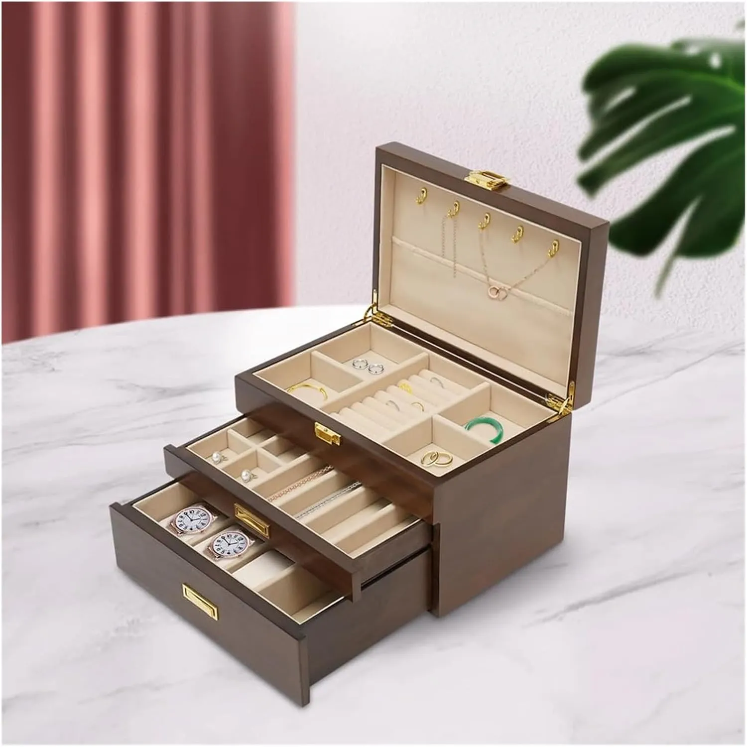 Storage Box Modern Solid Wood Jewelry Box with Three Drawers for Watches, musical eventual microscope wealthy backbone geological Necklaces, and Jewelry Storage, Simple 