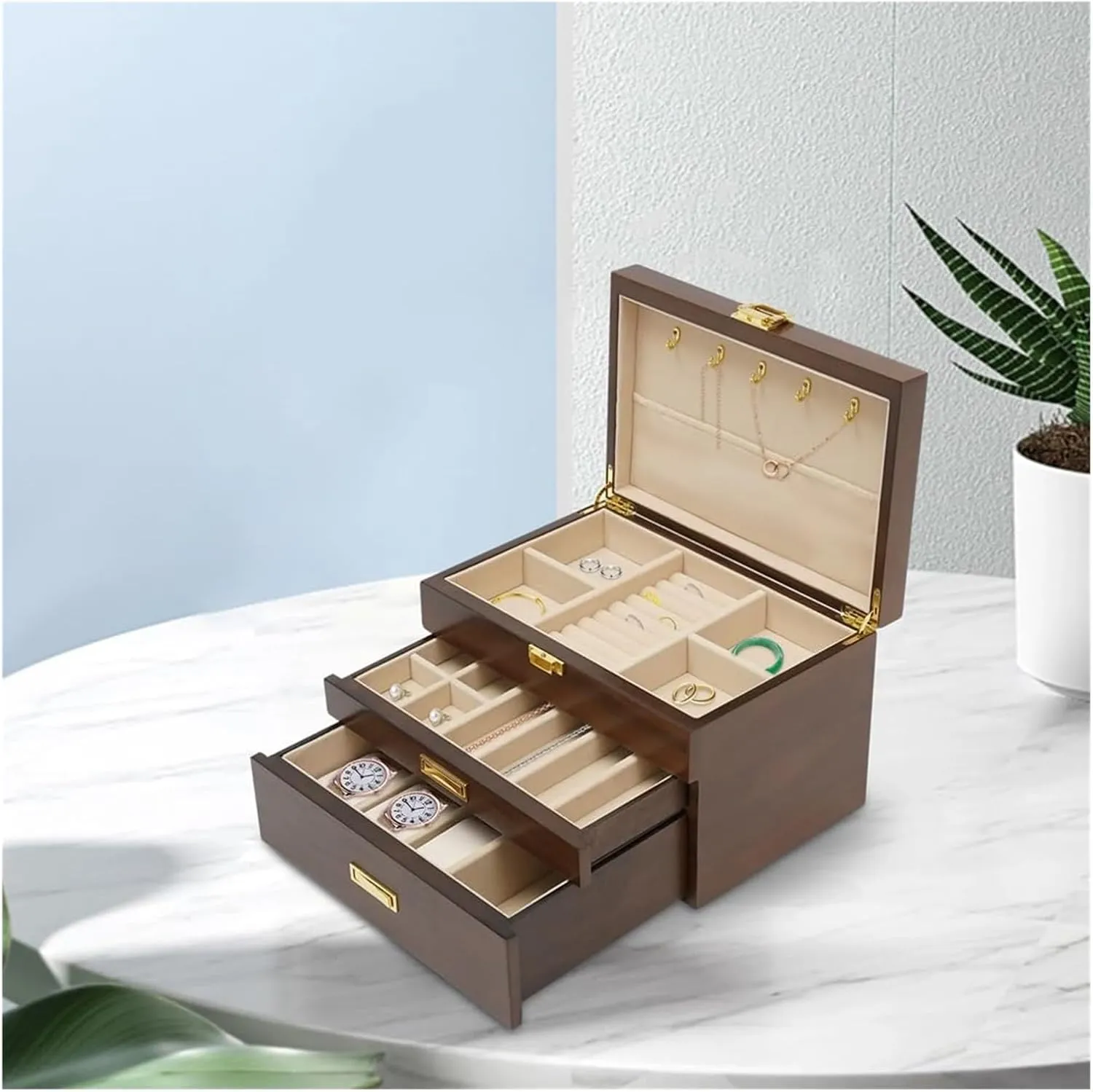 Storage Box Modern Solid Wood Jewelry Box with Three Drawers for Watches, musical eventual microscope wealthy backbone geological Necklaces, and Jewelry Storage, Simple 