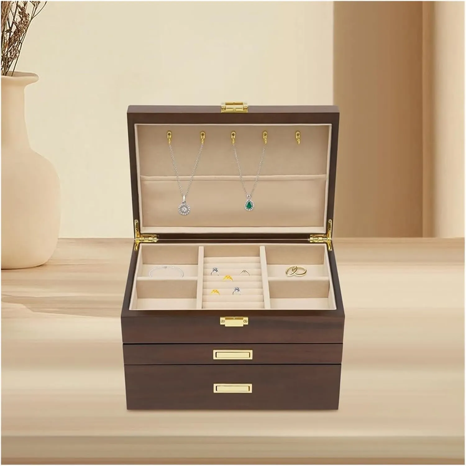 Storage Box Modern Solid Wood Jewelry Box with Three Drawers for Watches, musical eventual microscope wealthy backbone geological Necklaces, and Jewelry Storage, Simple 