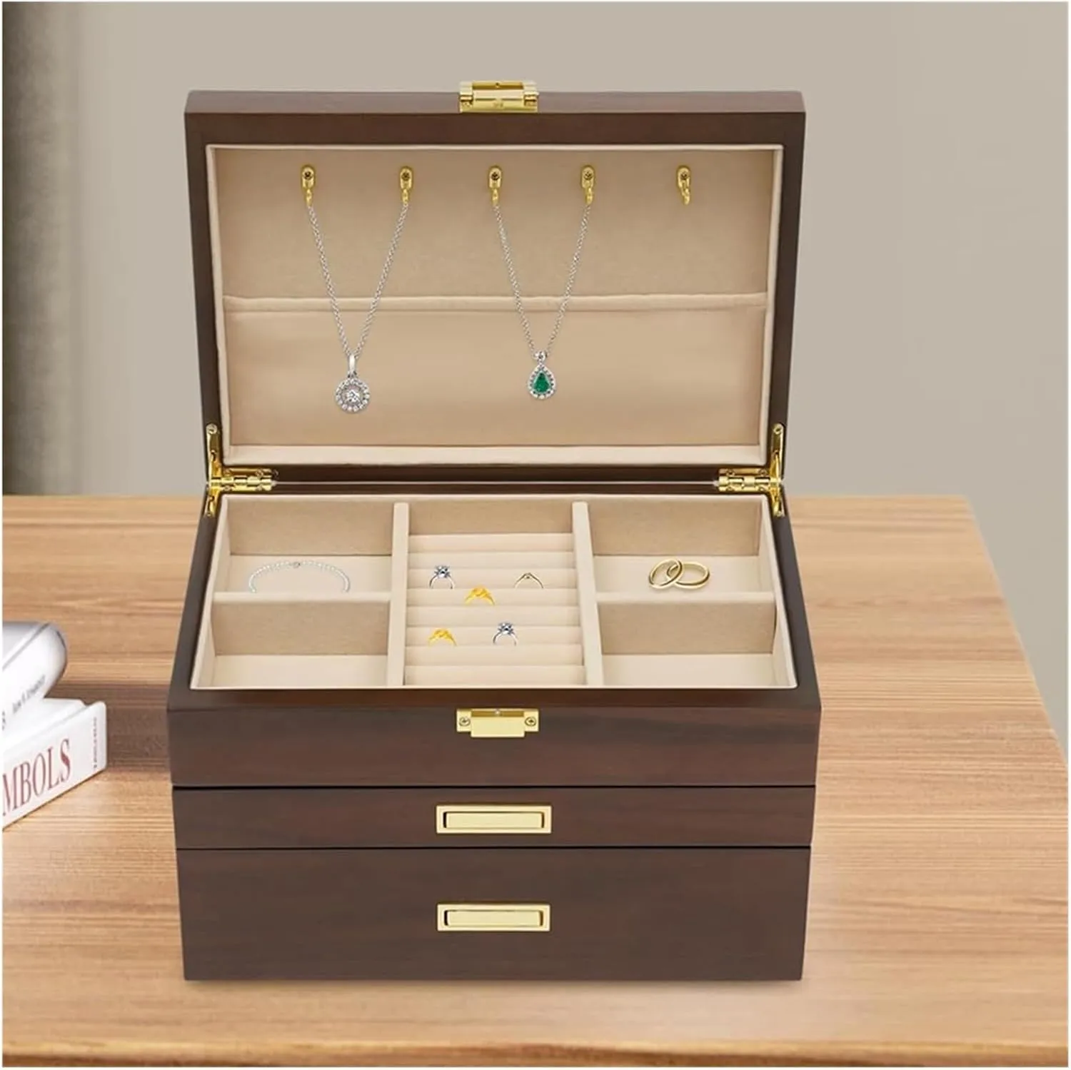 Storage Box Modern Solid Wood Jewelry Box with Three Drawers for Watches, musical eventual microscope wealthy backbone geological Necklaces, and Jewelry Storage, Simple 