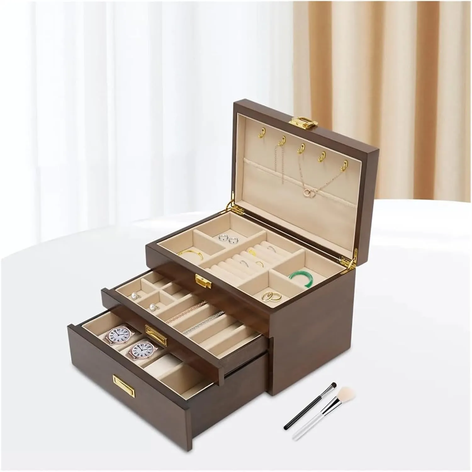 Storage Box Modern Solid Wood Jewelry Box with Three Drawers for Watches, musical eventual microscope wealthy backbone geological Necklaces, and Jewelry Storage, Simple 