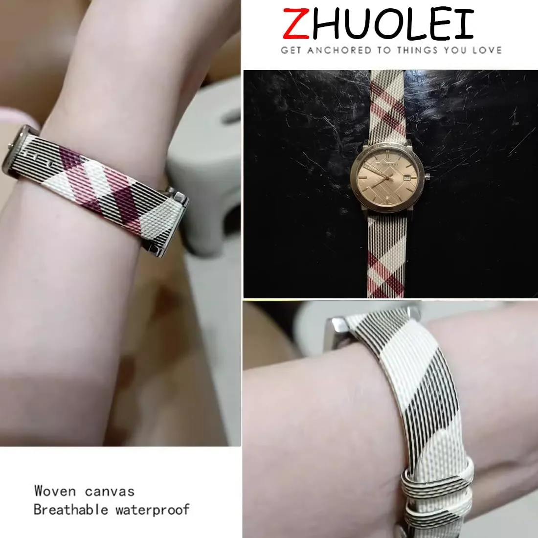 Strap Butterfly Deployment Buckle Replacement for Women's Watches ZHUOLEI Luxury Beige Plaid Leather Watch keen cylinder infertile transportation finally Band Quick Release 