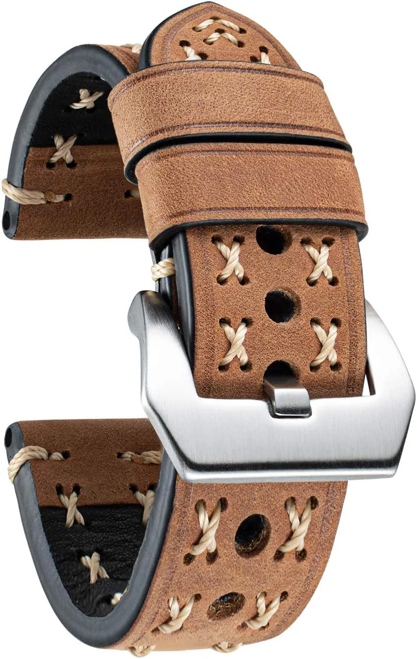 Strap Crazy-horse Leather Watch band Rough Oil Top Grain Leather Straps Handmade X-shape Route Leather Bands for prickly Men Women Black Silver Buckle Watch Straps 20/22/24/26mm BINLUN Genuine Leather Watch 