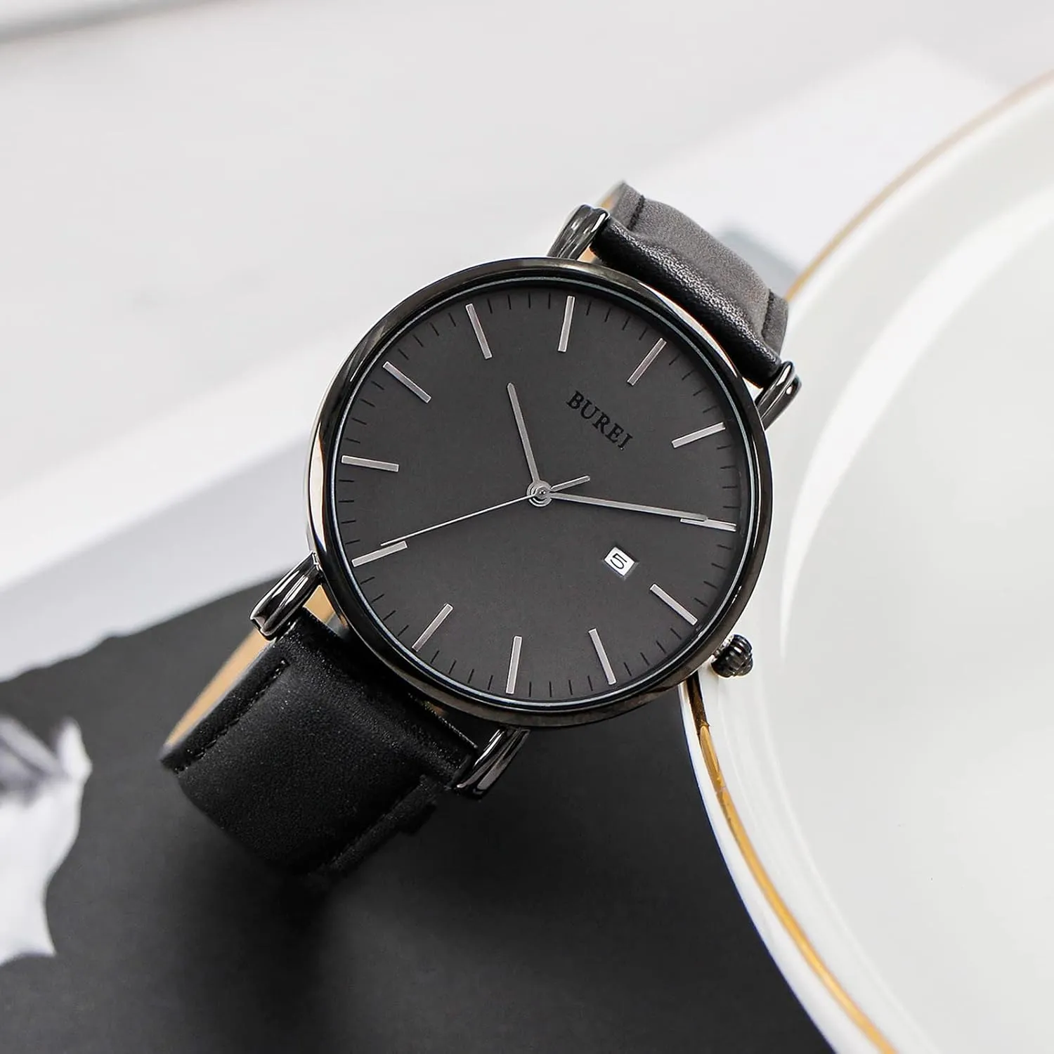 Strap (Dark Grey) BUREI Men's Fashion Minimalist Wrist Watch Ultra Thin Waterproof Watch Analog Quartz Watch Date Calendar Display daytime briefly Watch with Leather 