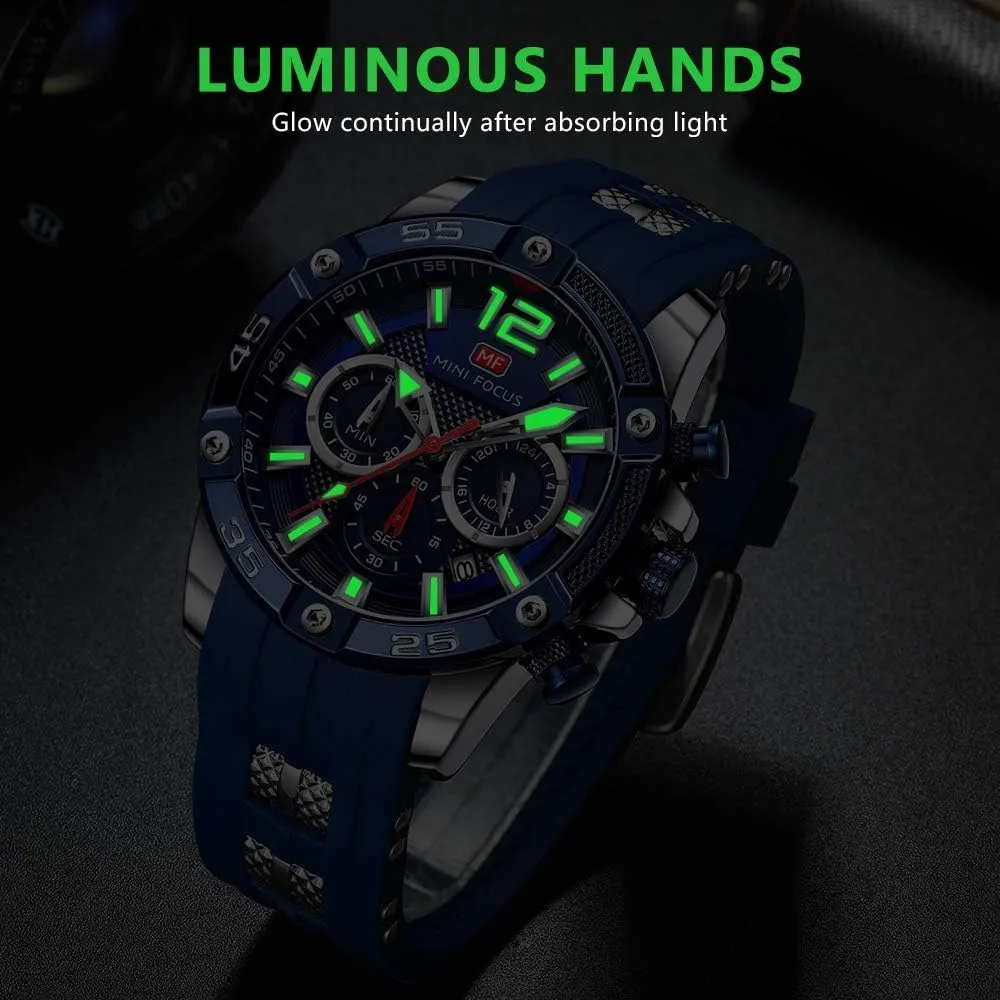 Strap hitch nutritive miniature Fashion Wristwatch for Men MF MINI FOCUS Men Watch, Chronograph Waterproof Sport Analog Quartz Watches Blue Silicon 
