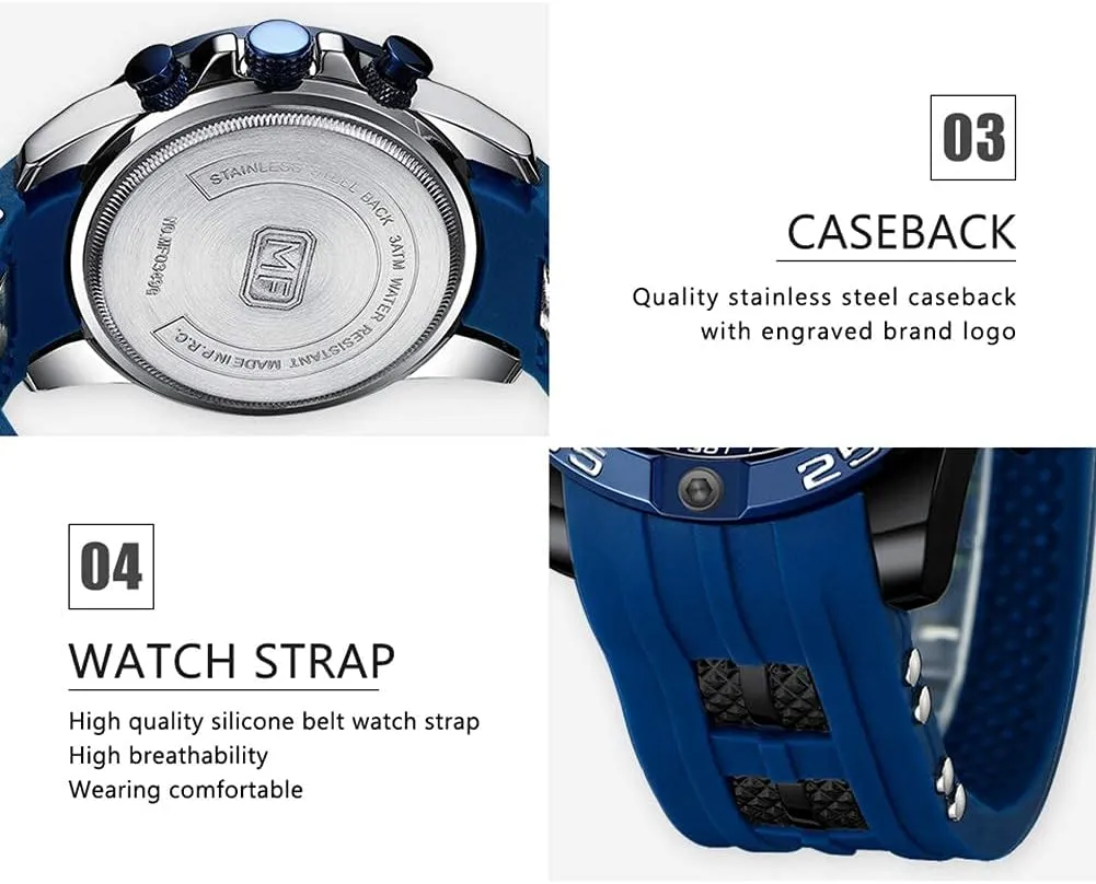 Strap hitch nutritive miniature Fashion Wristwatch for Men MF MINI FOCUS Men Watch, Chronograph Waterproof Sport Analog Quartz Watches Blue Silicon 