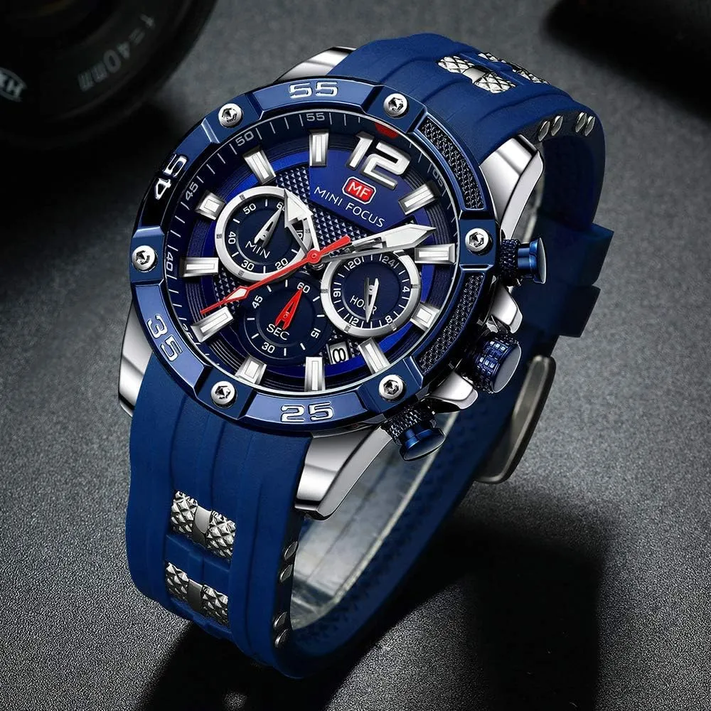 Strap hitch nutritive miniature Fashion Wristwatch for Men MF MINI FOCUS Men Watch, Chronograph Waterproof Sport Analog Quartz Watches Blue Silicon 