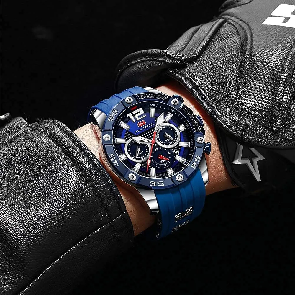 Strap hitch nutritive miniature Fashion Wristwatch for Men MF MINI FOCUS Men Watch, Chronograph Waterproof Sport Analog Quartz Watches Blue Silicon 