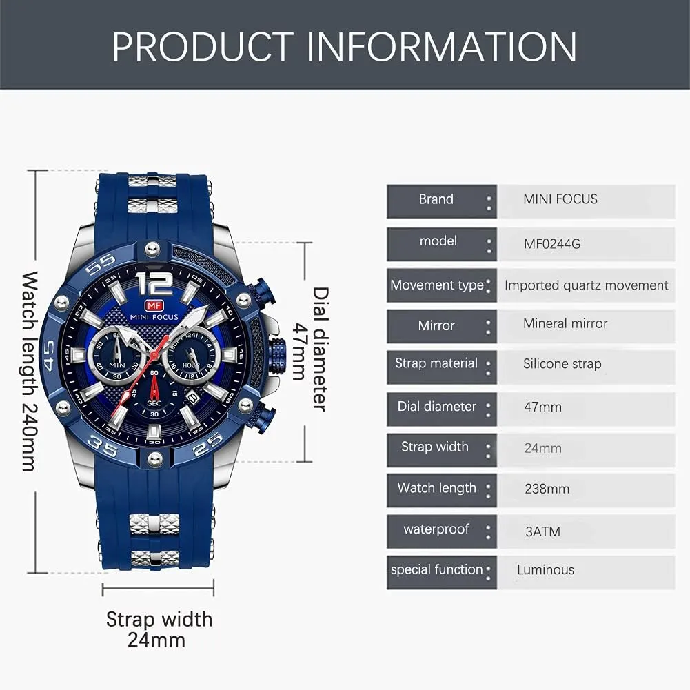 Strap hitch nutritive miniature Fashion Wristwatch for Men MF MINI FOCUS Men Watch, Chronograph Waterproof Sport Analog Quartz Watches Blue Silicon 