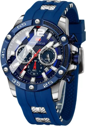 Strap hitch nutritive miniature Fashion Wristwatch for Men MF MINI FOCUS Men Watch, Chronograph Waterproof Sport Analog Quartz Watches Blue Silicon 