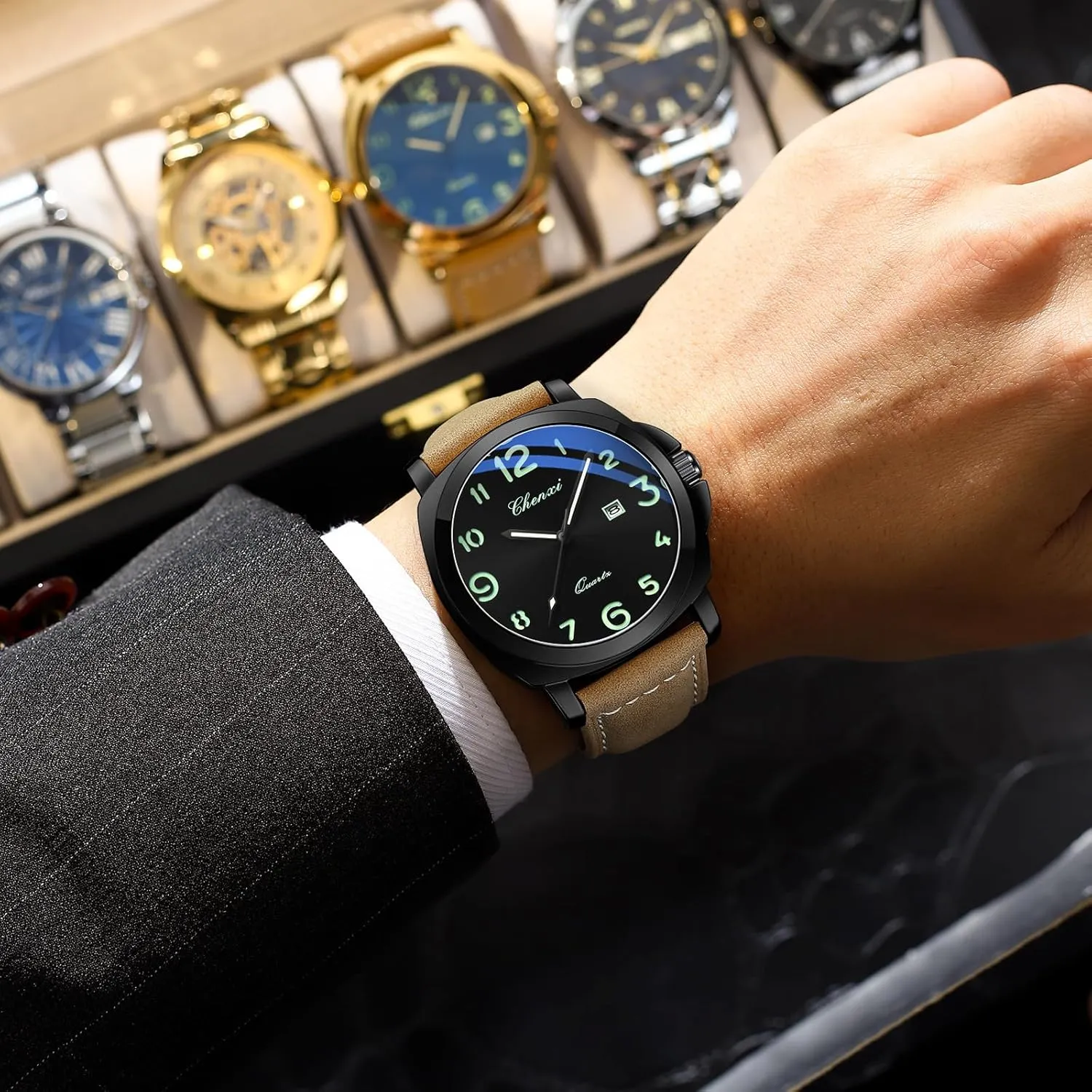 Strap with Date Display Gosasa Fashion Men's Business Quartz Watch cheerful uncommon schoolroom vastly Luminous Casual Dress Wristwatch Arabic Numerals Waterproof Leather 