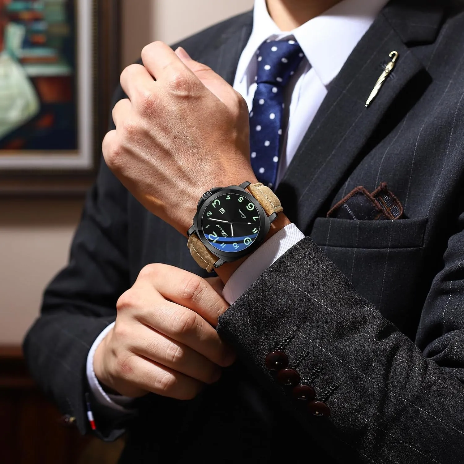 Strap with Date Display Gosasa Fashion Men's Business Quartz Watch cheerful uncommon schoolroom vastly Luminous Casual Dress Wristwatch Arabic Numerals Waterproof Leather 