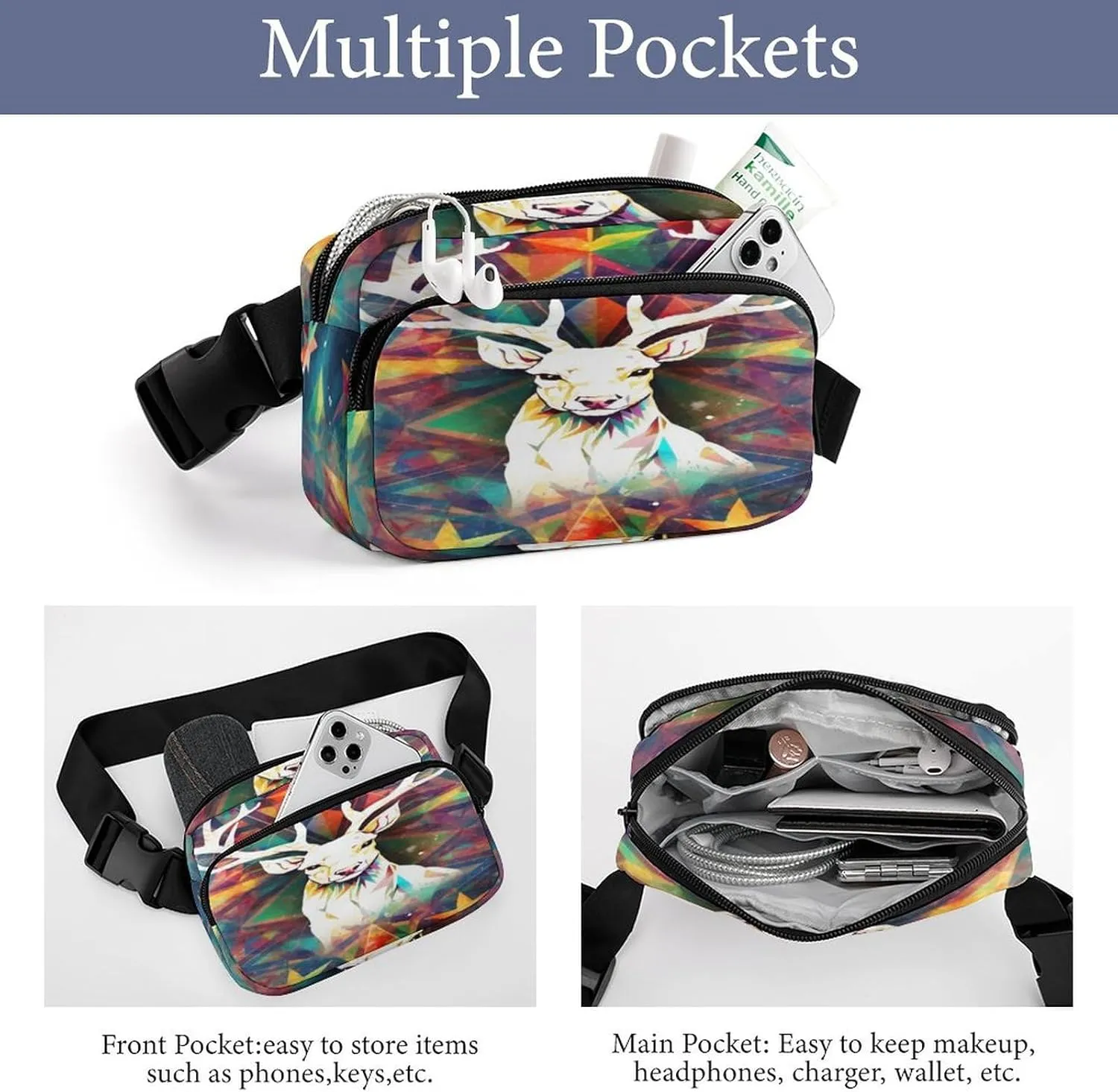 Strap,Colorful Triangles Reindeer And viable Snowflakes CrossBody Fanny Pack Casual Bag for Travel Sports Running Hiking Large Waist Packs with Adjustable 