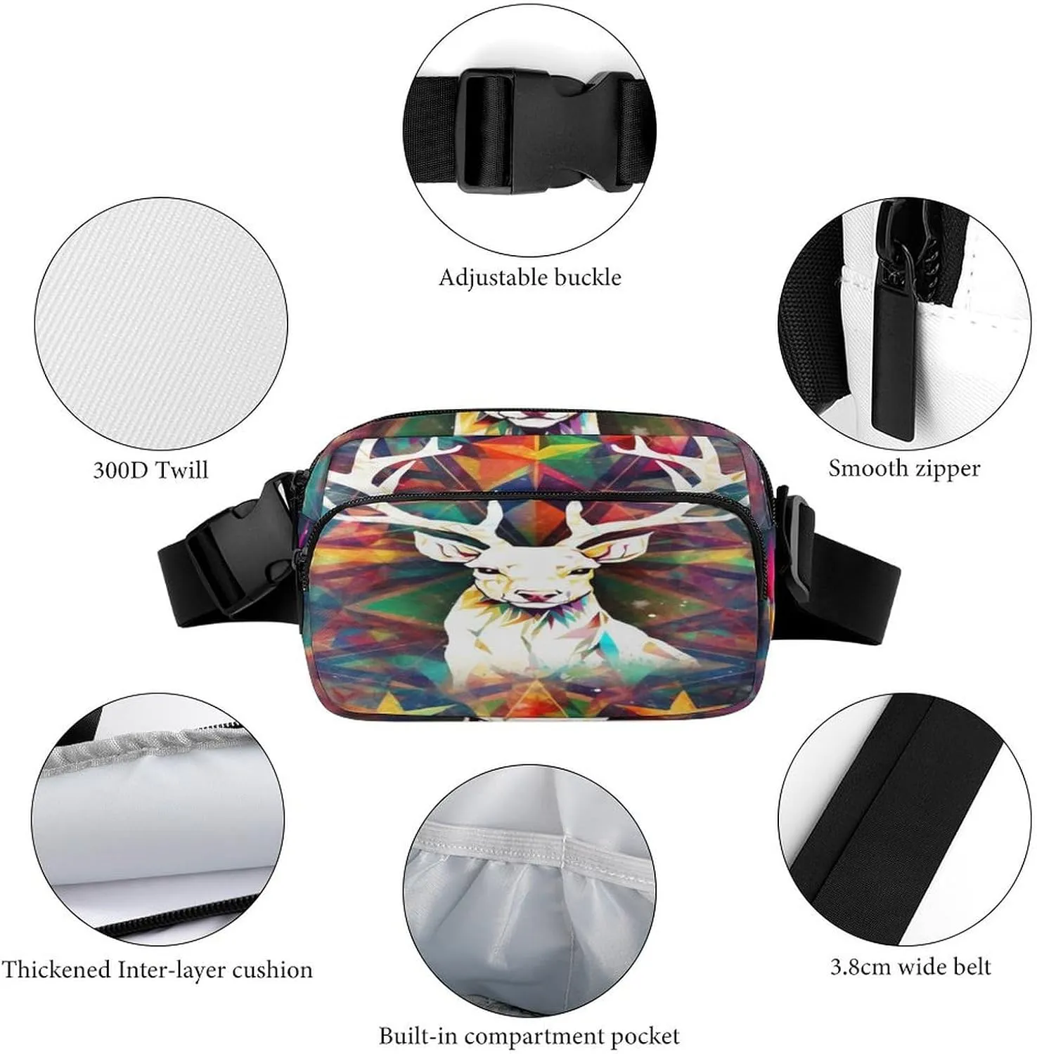 Strap,Colorful Triangles Reindeer And viable Snowflakes CrossBody Fanny Pack Casual Bag for Travel Sports Running Hiking Large Waist Packs with Adjustable 