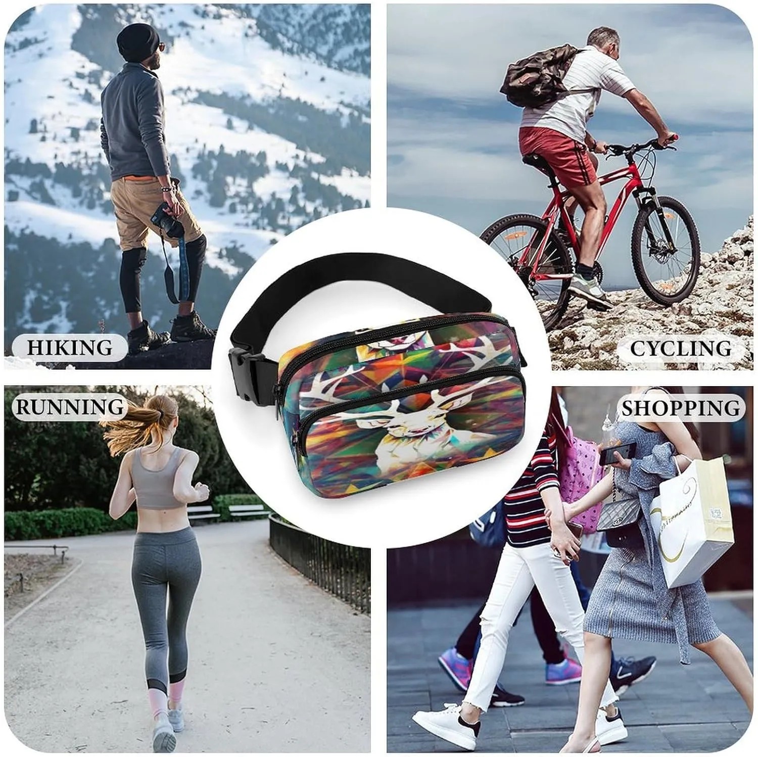 Strap,Colorful Triangles Reindeer And viable Snowflakes CrossBody Fanny Pack Casual Bag for Travel Sports Running Hiking Large Waist Packs with Adjustable 