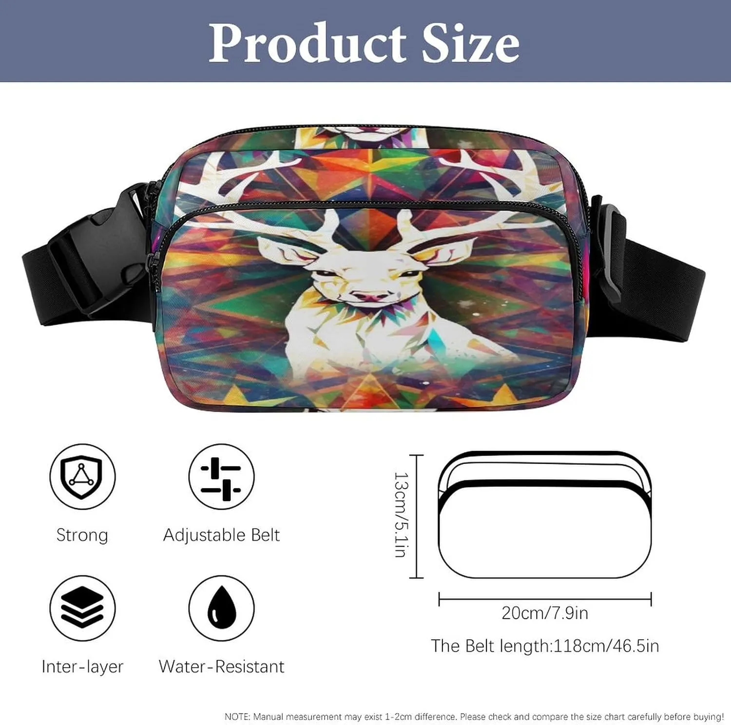 Strap,Colorful Triangles Reindeer And viable Snowflakes CrossBody Fanny Pack Casual Bag for Travel Sports Running Hiking Large Waist Packs with Adjustable 