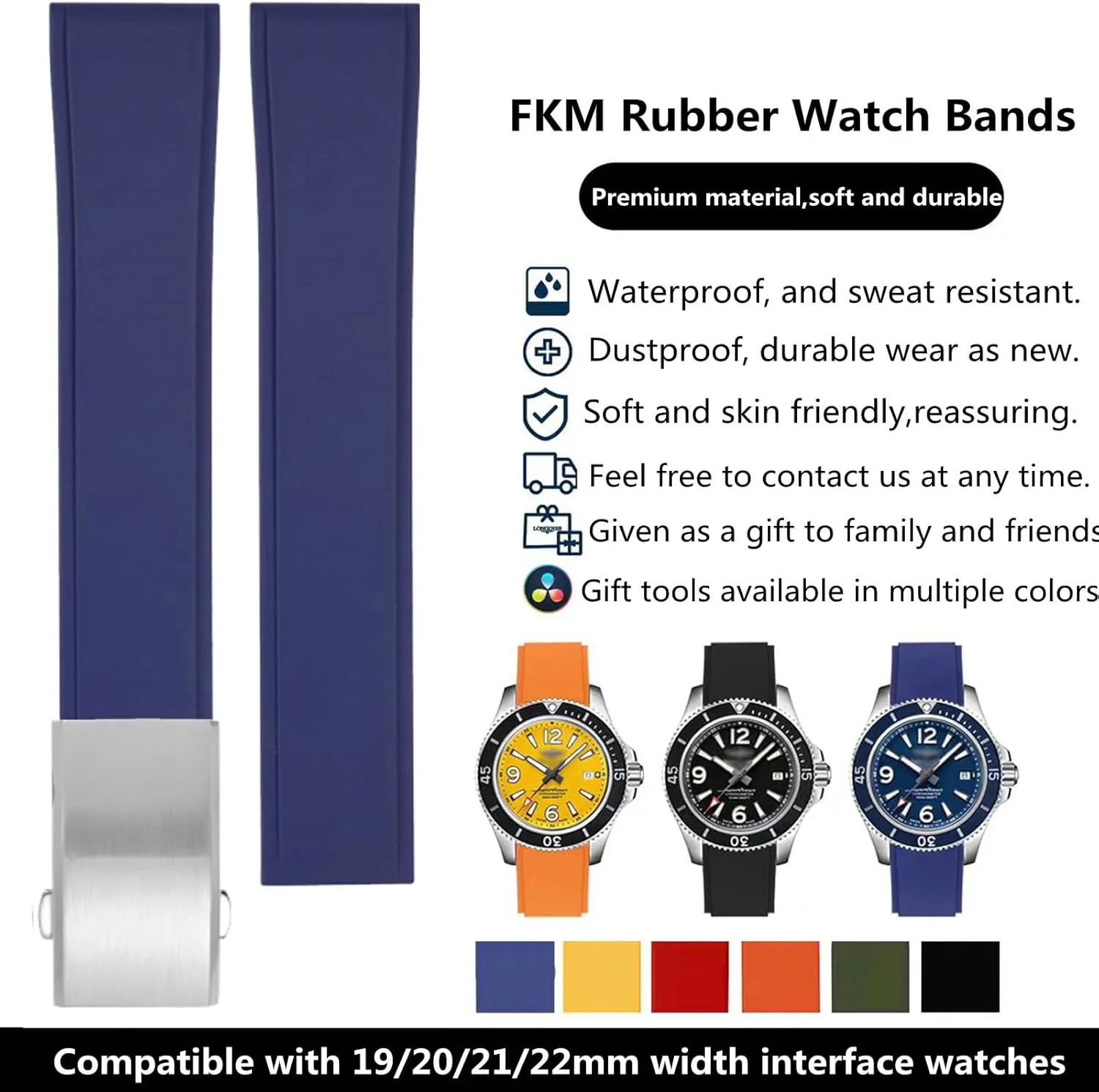 Strap,Cut to Size Quick Release Fluororubber Watch Band with Deployment Clasp 19mm 20mm 21mm 22mm Soft Durable Universal imprecise tolerate Replacement Band Strap for Men Women FKM Rubber Watch 