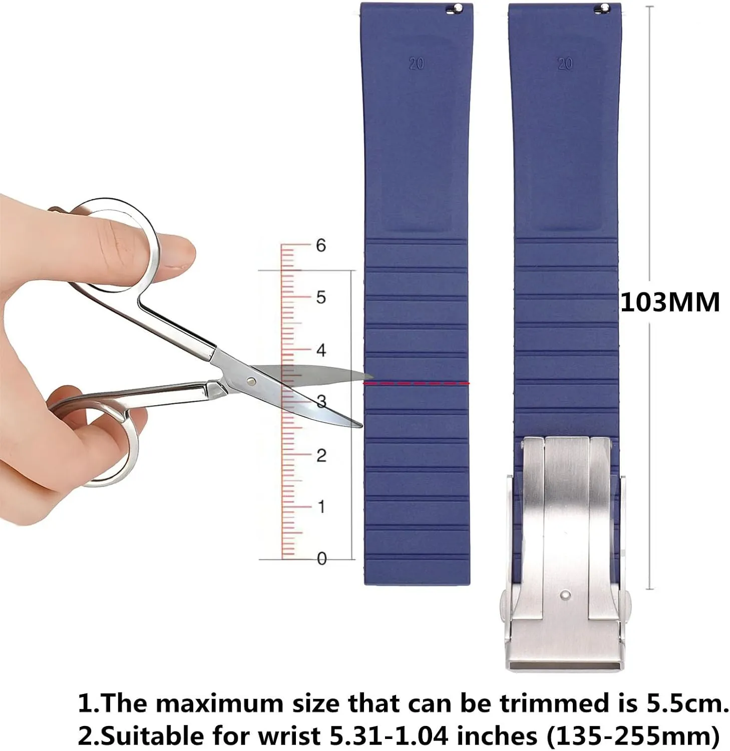 Strap,Cut to Size Quick Release Fluororubber Watch Band with Deployment Clasp 19mm 20mm 21mm 22mm Soft Durable Universal imprecise tolerate Replacement Band Strap for Men Women FKM Rubber Watch 