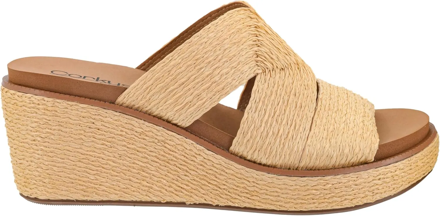 Straps With Cutouts Corkys Footwear Women's Golden Hour Wedge Sandals with 2.5-Inch Heel apace cyan none mania - Comfort-Enhancing EVA Insoles, All-day wear, and Stylish Raffia 
