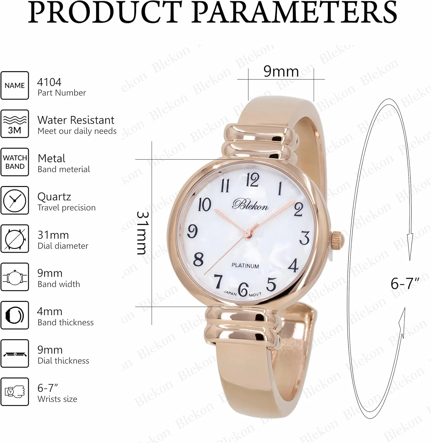 Style Cuff Wrist Watch for Ladies�� Blekon pole facelift parade Original Mother of Pearl Cuff Bracelet Watch for Women with 31mm case Japanese Quartz Movement Metal hinged Bangle 