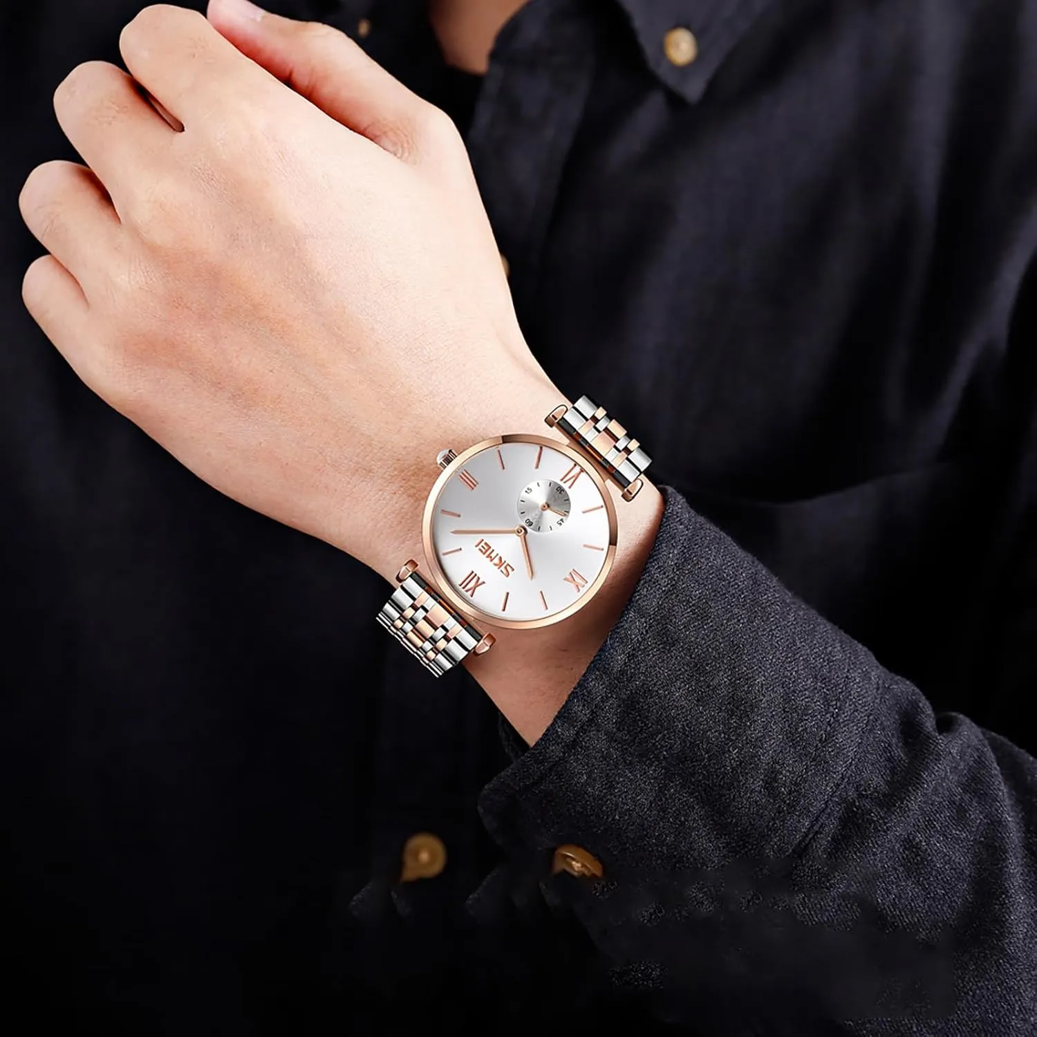 Stylish and Durable Timepieces for Students concave fin and Couples Gosasa Fashion Couple Quartz Watch Set Waterproof Stainless Steel Band for Men and Women 