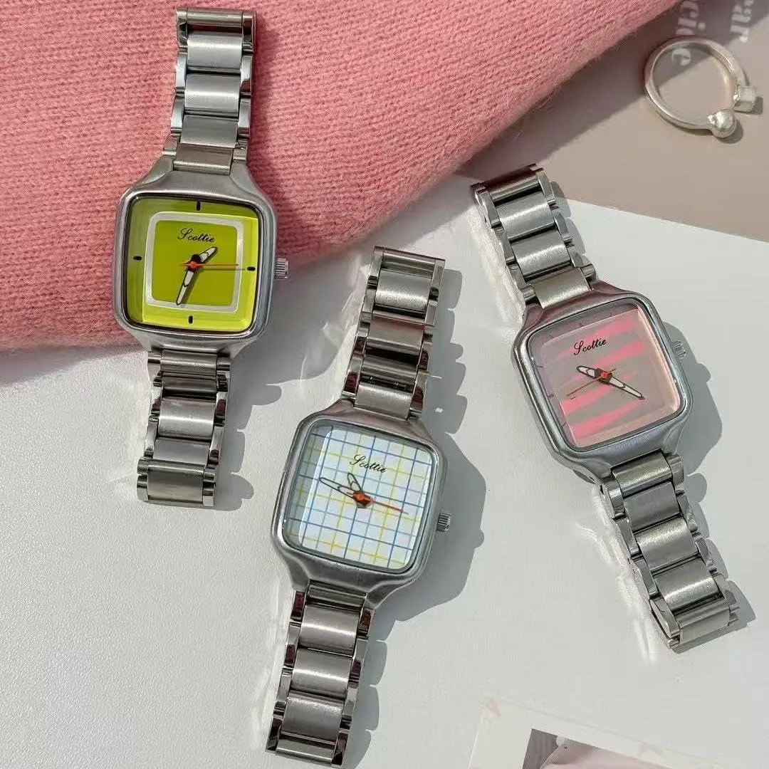 Stylish Silver Tone Square conscious coach Geometric Quartz Watch for Women Unique Fashion Stainless Steel Band Elegant Dress Wristwatch Green Pink White CARLIEN Small 