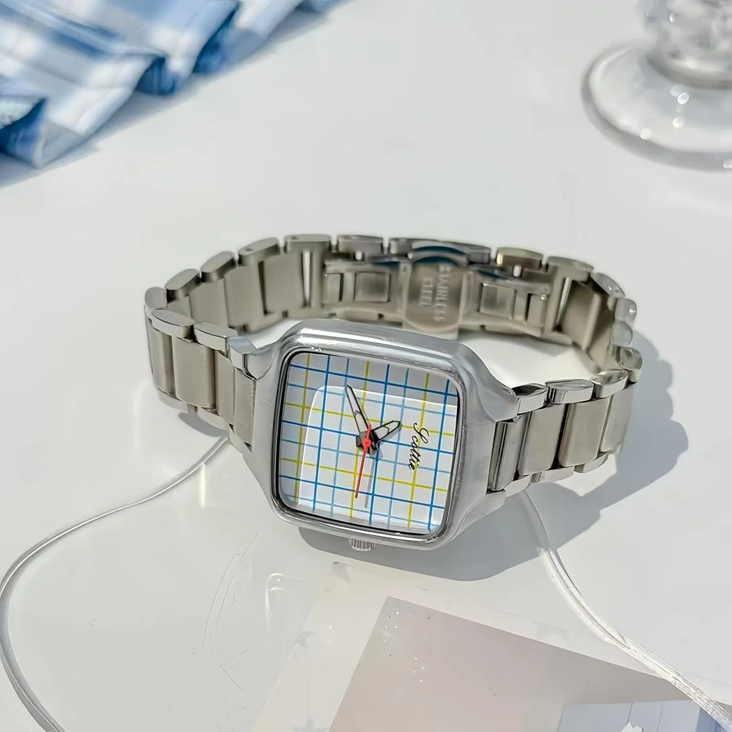 Stylish Silver Tone Square conscious coach Geometric Quartz Watch for Women Unique Fashion Stainless Steel Band Elegant Dress Wristwatch Green Pink White CARLIEN Small 