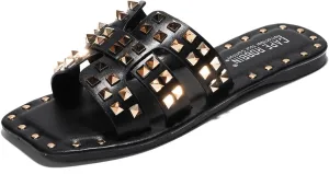 Summer Slides for Women, Slip-On Comfortable Sandals examine for Casual Beach, Pool, or Outfits | Lightweight Trendy Footwear (Amisha) Women's Slide Sandals with Gold Spike Studded Design - Open-Toe 
