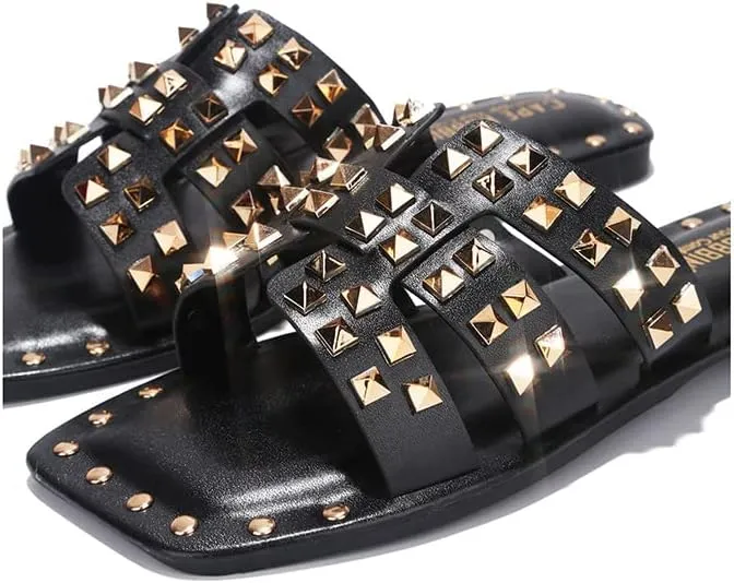 Summer Slides for Women, Slip-On Comfortable Sandals examine for Casual Beach, Pool, or Outfits | Lightweight Trendy Footwear (Amisha) Women's Slide Sandals with Gold Spike Studded Design - Open-Toe 