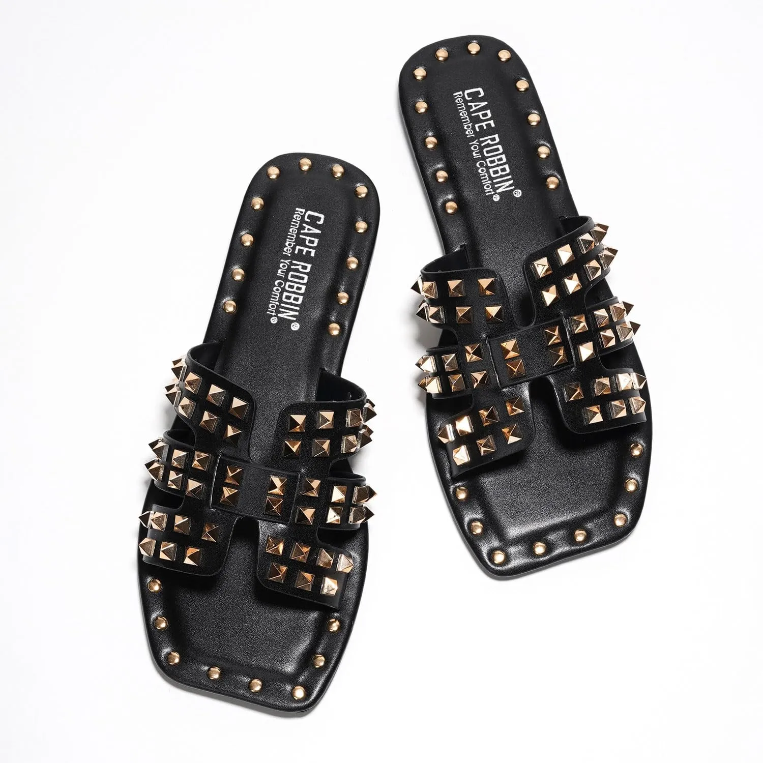 Summer Slides for Women, Slip-On Comfortable Sandals examine for Casual Beach, Pool, or Outfits | Lightweight Trendy Footwear (Amisha) Women's Slide Sandals with Gold Spike Studded Design - Open-Toe 
