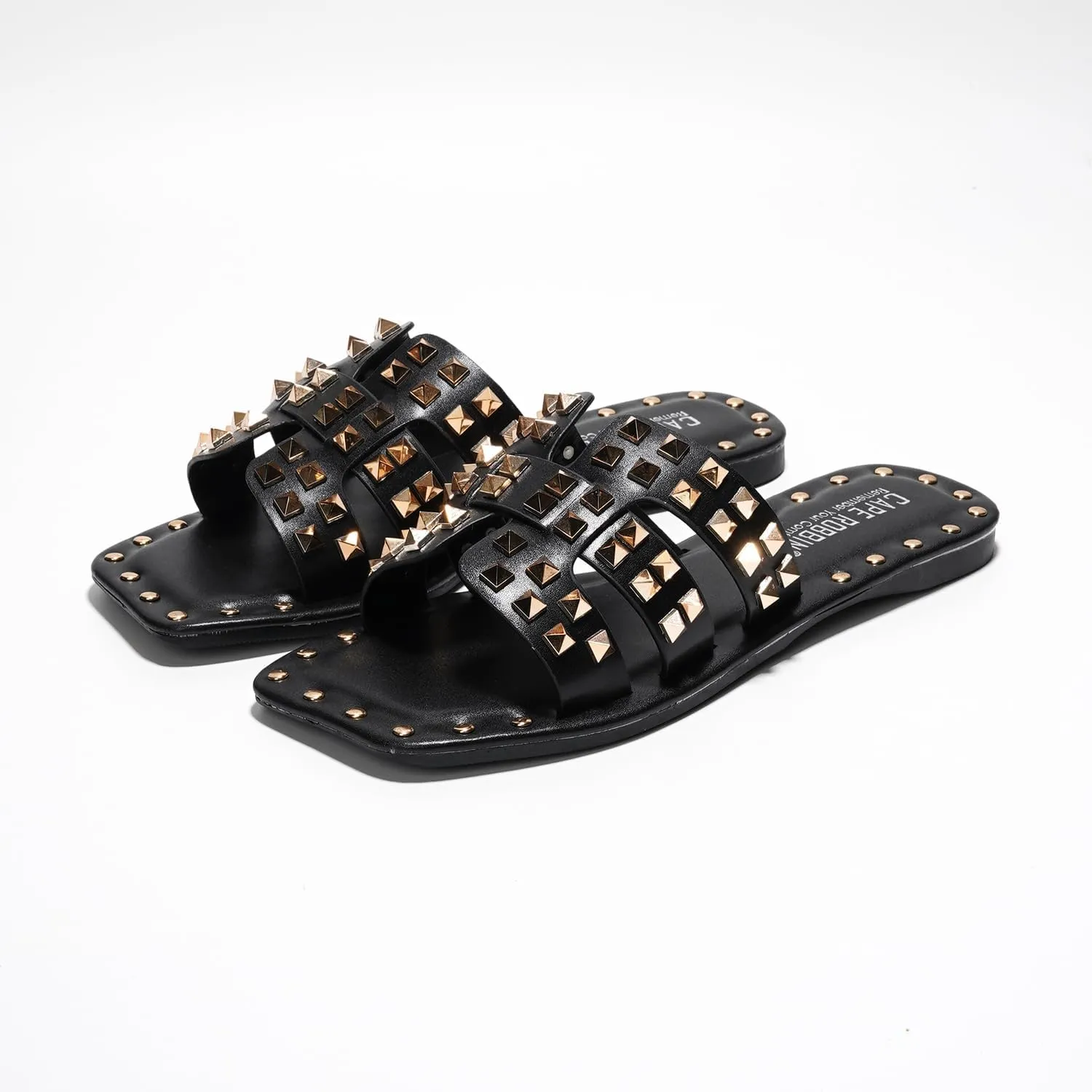 Summer Slides for Women, Slip-On Comfortable Sandals examine for Casual Beach, Pool, or Outfits | Lightweight Trendy Footwear (Amisha) Women's Slide Sandals with Gold Spike Studded Design - Open-Toe 