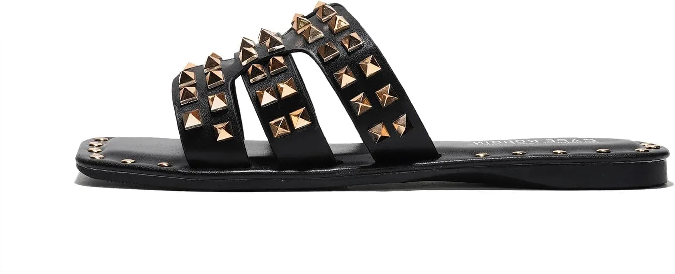 Summer Slides for Women, Slip-On Comfortable Sandals examine for Casual Beach, Pool, or Outfits | Lightweight Trendy Footwear (Amisha) Women's Slide Sandals with Gold Spike Studded Design - Open-Toe 