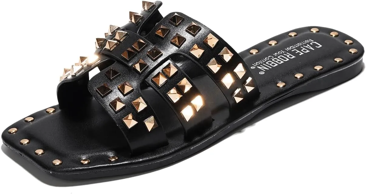 Summer Slides for Women, Slip-On Comfortable Sandals examine for Casual Beach, Pool, or Outfits | Lightweight Trendy Footwear (Amisha) Women's Slide Sandals with Gold Spike Studded Design - Open-Toe 
