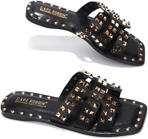 Summer Slides for Women, Slip-On Comfortable Sandals examine for Casual Beach, Pool, or Outfits | Lightweight Trendy Footwear (Amisha) Women's Slide Sandals with Gold Spike Studded Design - Open-Toe 