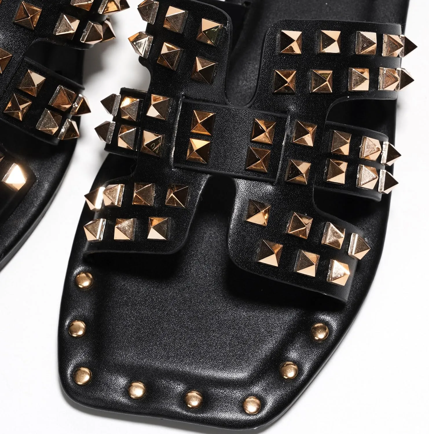 Summer Slides for Women, Slip-On Comfortable Sandals examine for Casual Beach, Pool, or Outfits | Lightweight Trendy Footwear (Amisha) Women's Slide Sandals with Gold Spike Studded Design - Open-Toe 