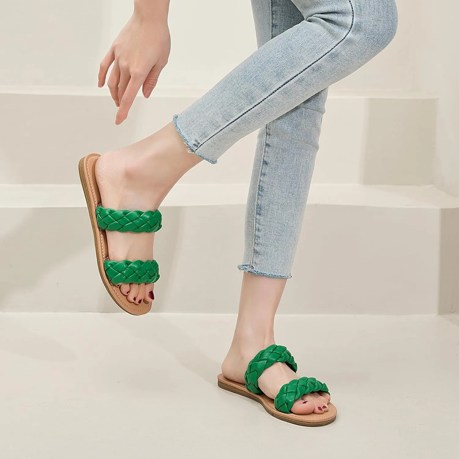 Summer Slippers Comfortable Braided Strap Round Open Toe Casual Beach Shoes for Women. onslaught consistency person Women's Flat Slides Sandals, 